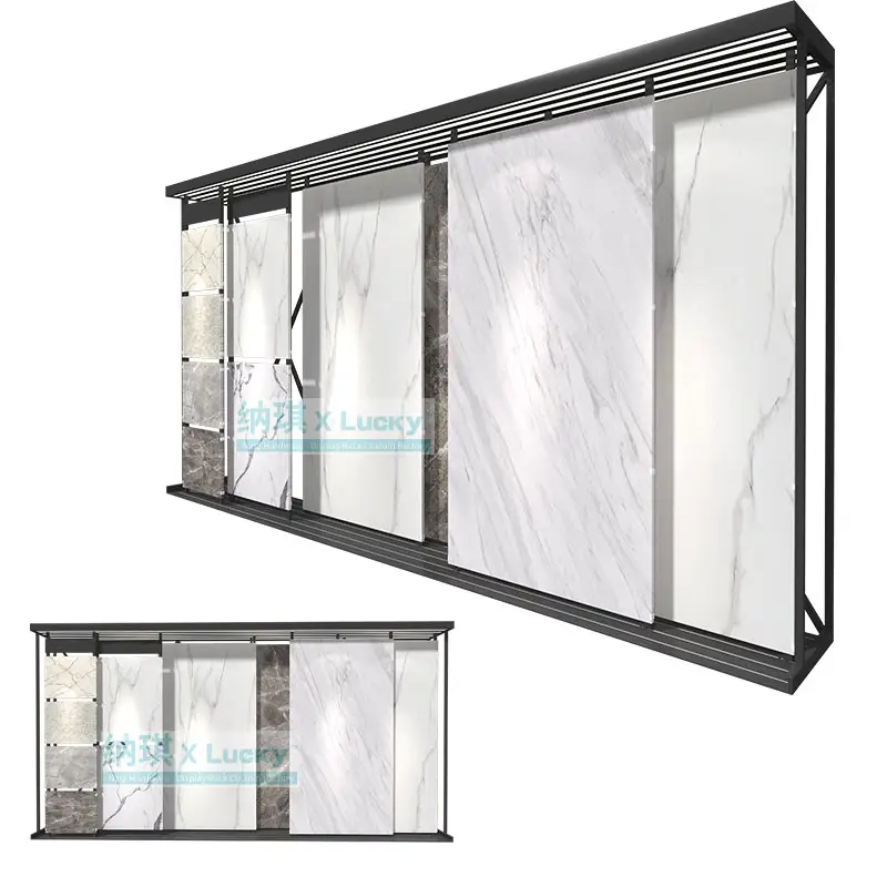 High custom exhibition hall natural stone horizontal push-pull frame granite marble metal sliding tile display rack