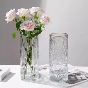 Schlafzimmer Desktop-Dekorationen Glasvase mit goldenem Rand Transparente lange zylindrische Blumenvase mit Eis muster