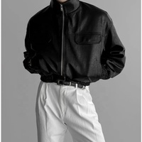 Blouson Bomber Noir en PU pour Homme, Col Montant, Fermeture Éclair, Vêtement d'Extérieur Décontracté, Coupe Droite, Motif Géométrique, Respirant, 100% Coton