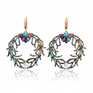 Pendientes de plata chapados en oro con diseño redondo de piedras mixtas, hechos a mano en plata de ley 925 turca para bodas y fiestas. - Product Image 2