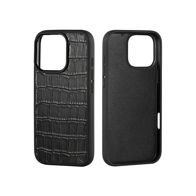 YUBO LEATHER Custom Made Luxury Black Embossed Crocodile Pattern Genuine Cowhide Leather Cell Phone Case for iPhone 14 15 16 Pro