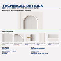 Porte intérieure en bois massif blanc avec panneau de verre cannelé semi-circulaire et poignée en laiton pour chambre, salle de bain, hôtel, villa, maison