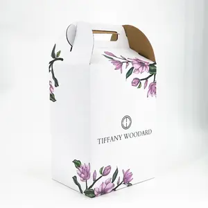 2024 Nova tendência caixa de papelão com alça para embalagem de flores personalizável para presente de marca dobrável