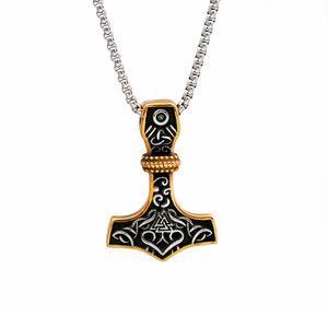 yunnique Thor's Hammer Pendant Stainless Steel Two Tone Gold 60cm <b>Chain</b> Retro Viking Style <b>Men's</b> Necklace Gift - Product Image 5