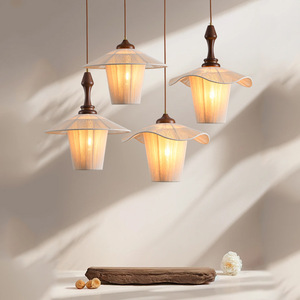 Lampe suspendue vintage en fil de coton et bois massif, style zen rond E27, pour salon de thé, chambre à coucher, éclairage de bureau - Product Image 1