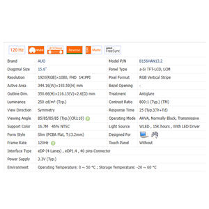 120Hz B156HAN13.0/1/2无触摸15.6 “40针液晶屏1920*1080 WLED新型笔记本电脑液晶屏61% SRGB 800:1 - Product Image 6