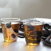 Mug en verre de 300 ml pour la maison, motif chat de dessin animé, avec poignée, résistant à la chaleur, compatible lave-vaisselle et micro-ondes, unisexe, pour couple, enfants, lait et café