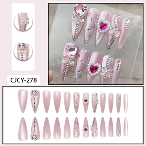 Suministros para <span class=keywords><strong>uñas</strong></span> 24 piezas Stiletto largo Cateyes Color Rosa Press-on acrílico francés <span class=keywords><strong>uñas</strong></span> postizas arte <span class=keywords><strong>con</strong></span> lazo 3D cromo <span class=keywords><strong>corazones</strong></span> joyería - Product Image 4
