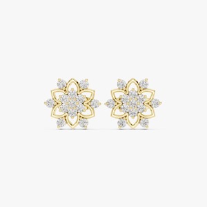 Boucles d'oreilles en or jaune 14 carats avec fleur de lotus et diamants de laboratoire - Product Image 1