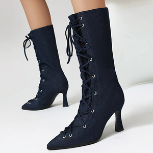 Large Size 48 Denim Front Lace up Trendy Short Booties Low Heels Mid-Calf Boots for Women Pointy Toe Wide Fit Jeans <b>Shoes</b> - Product Image 4