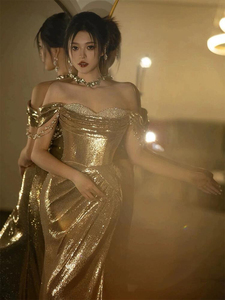 Banquet fête <span class=keywords><strong>robe</strong></span> de soirée dorée femmes élégant luxe Unique paillettes <span class=keywords><strong>robe</strong></span> d'hôte hors épaule sirène Silhouette grillage - Product Image 4