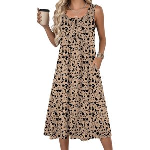 Robe d'été pour femme, imprimé floral, coupe trapèze, longueur midi, sans manches, col rond, décontractée, pour la plage et les vacances, avec poches, tissée respirante - Product Image 2