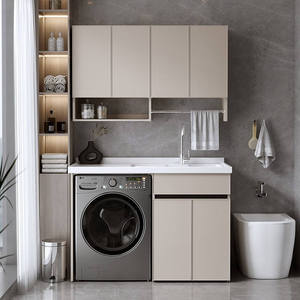 Meuble-lavabo moderne beige pour salle de bain avec lavabo intégré, compartiment pour machine à laver et rangement supérieur - Product Image 4