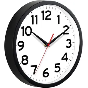 Продвижение дешевые пластиковые настенные часы черная рамка белый циферблат 10 дюймов бесшумные современные классические кварцевые круглые часы на заказ