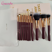 Ensemble de pinceaux de maquillage professionnels de 15 pièces en poils synthétiques brun rougeâtre avec manche en bois et brosse à raser pour artistes et salons professionnels