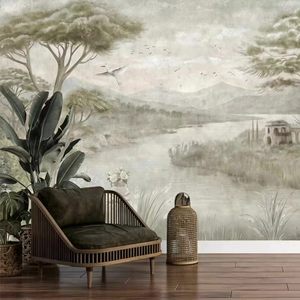Carta da Parati Murale Personalizzabile Impermeabile con Stampa a Trasferimento Termico, Stile Art Déco, Paesaggio Vintage sul Fiume con Albero di Pino, per - Product Image 3