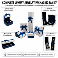 Coffret d'emballage de bijoux personnalisé blanc et bleu avec nœud en ruban, boîte rigide en carton pour bague, boucles d'oreilles, collier, bracelet