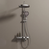 Ensemble de douche à jet de pluie chromé en laiton poli à double poignée avec robinets en céramique brossée à poser au sol et à fixer au mur, et barre coulissante