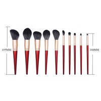 10 pinceaux de maquillage professionnels en poils synthétiques avec manche en bois, couleur rouge, personnalisables avec logo, marque privée dorée