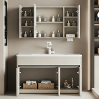 Meuble-lavabo autoportant moderne en aluminium nid d'abeille couleur crème, avec vasque en céramique, accessoires à fermeture douce, et armoire miroir LED anti-buée pour appartement et maison