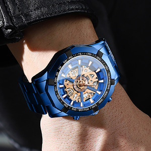 Men's Quartz Watch Skeleton Design Blue Stainless Steel Band Tachymeter Date Display Waterproof Luminous Sport Casual Style - Product Image 2