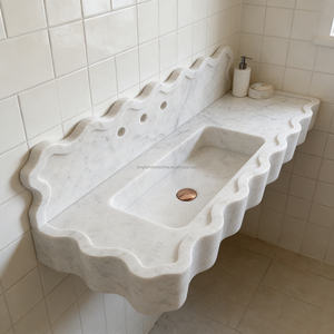Lavabo mural en pierre pour salle de bain personnalisée, lavabo en marbre, lavabo à <span class=keywords><strong>main</strong></span>, lavabo en marbre blanc de Carrare avec dosseret - Product Image 3