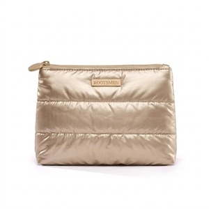 Bolsa de Maquillaje Metálica Color Champán Dorado Brillante, Bolsa Cosmética Acolchada Plana de Nailon, Cierre Superior Delgado, Logotipo Personalizado OEM, Venta al Por Mayor - Product Image 3