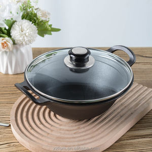 Juegos de <span class=keywords><strong>Wok</strong></span> Chinos de Buena Calidad, Utensilios de Cocina Redondos de Hierro Fundido con Tapa de Madera - Product Image 2