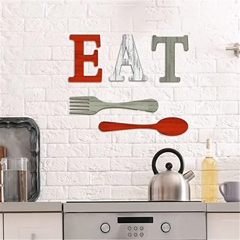 Fork and Spoon Wall Decor Rustic Wood Eat Decoration Cute Eat Letters for Kitchen Set of Wooden EAT Sign