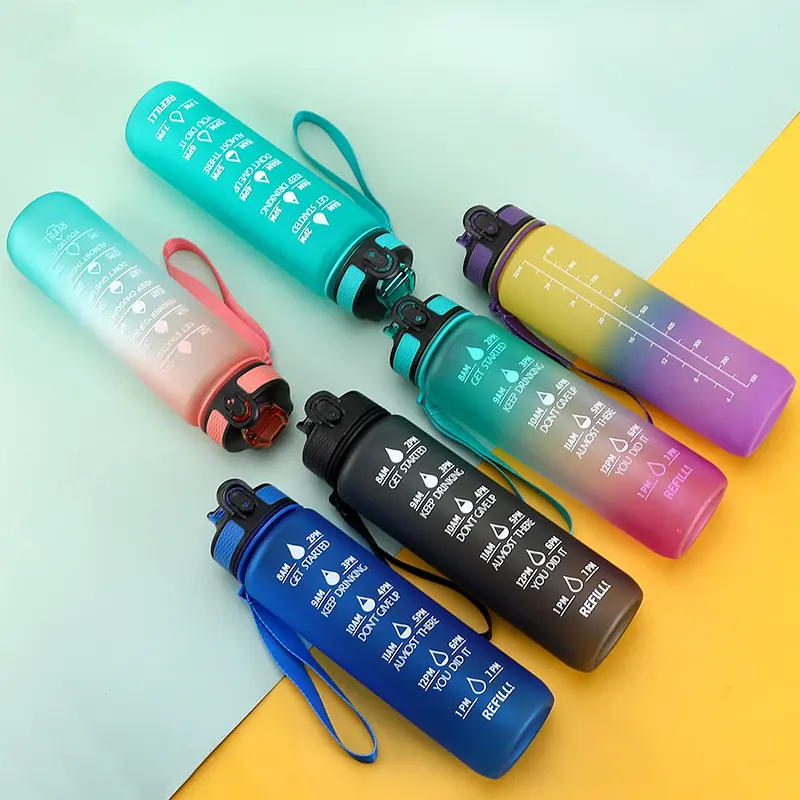 Botol Air Olahraga 1000ML dengan Penutup Pantul Skala Waktu Plastik Tahan Bocor Beku Bebas BPA untuk Botol Kebugaran Luar Ruangan