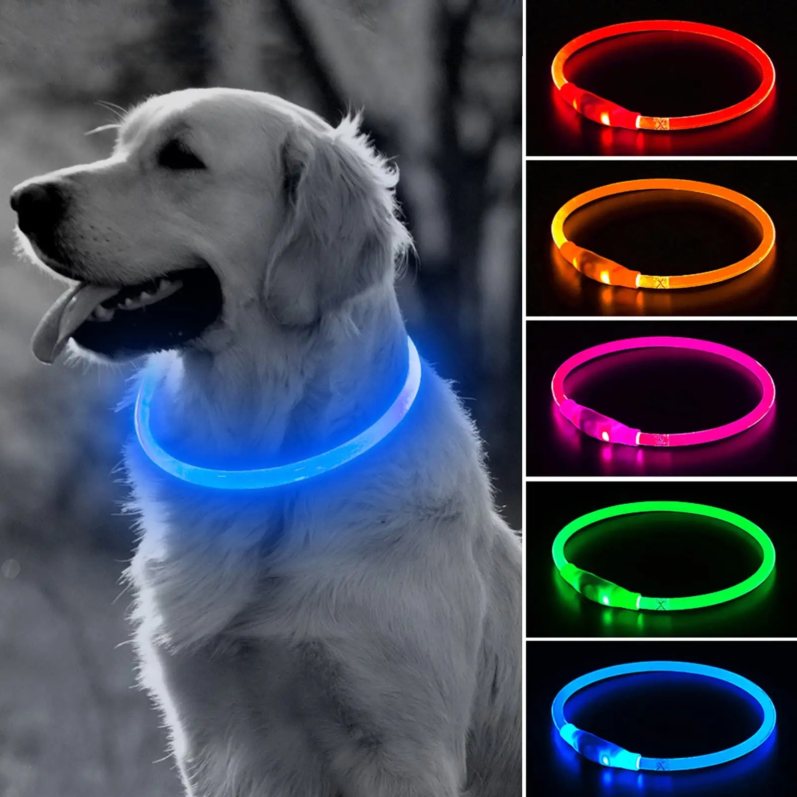 ปลอกคอสุนัข LED ชาร์จซ้ำได้ขนาดใหญ่มีไฟขนาดใหญ่แบบ USB กันน้ำได้ TPU