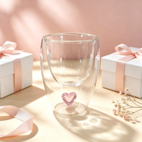 Tasse à thé en verre à double paroi, joli design cœur rose à l'intérieur, verre à double paroi résistant à la chaleur, vaisselle pour la maison et les cadeaux