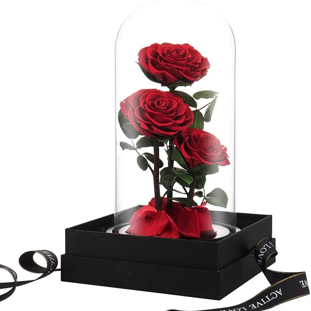 Handmade Fresh Forever Real Touch Preserved Roses Flowers With Stem Eternal Roses In Glass Dome Large For Valentine's Day gift