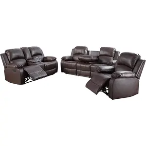 Luxurious Reclining Sofa Set Leather Manual Recliner with Drop down Table for Living Room Home Theater