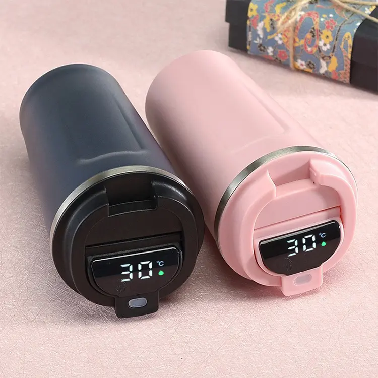 LED display steel tumbler travel keep cold double wall vacuum oem portable travel coffee mugs with lid straw