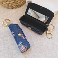 Nouvelle pochette mini rouge à lèvres en jean tendance avec miroir, pendentif sac en tweed, pochette portable pour pièces de monnaie