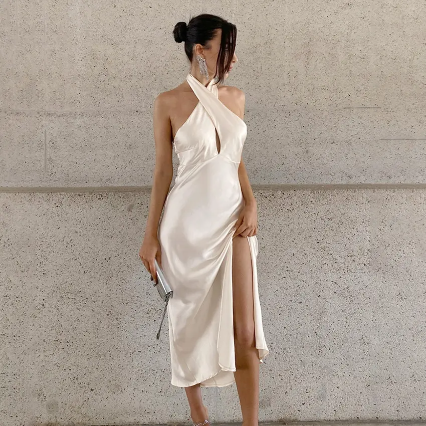 Summer Fashion Maxi Women Beige Sexy Halter Neck Party Dress Sexy Slit Elegant Women Modest Acetate Satin Party Dress