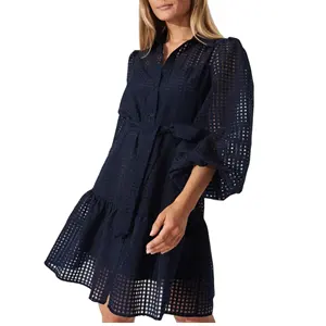 Black Elegant Shirt Dress Summer Gingham Self Tiered Mini Dress for Women Smock Style Workwear