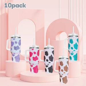 20PACK US Warehouse RTS Super Sparkly stainless steel <strong>Cowprint</strong> rhinestone bling studded mugs tumblers 40oz with handle - Product Image 4
