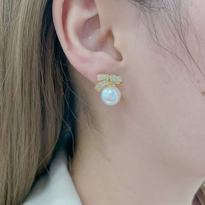 FM-JDE0816 Exquisite Hoop Pearl Studs <strong>Beautiful</strong> <strong>Earring</strong> Winter Style Women's <strong>Earrings</strong> Paved CZ <strong>Bowknot</strong> Pearl <strong>Earrings</strong> Wholesale - Product Image 4