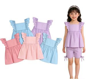 Conjuntos de Ropa para Niñas, Camiseta Túnica Informal de Verano de Color Sólido con Lazos de Algodón, Pantalones Cortos Coloridos, Conjuntos a Juego para Hermanas - Product Image 1