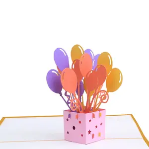 卸売カスタマイズグラフィックカラフルな熱気球レーザーカット幸せな子供の日の誕生日パーティー3Dポップアップグリーティングカード