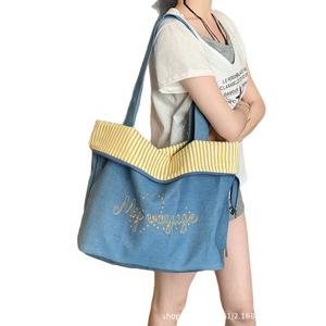 Double-sided High-capacity PLA <b>Tote</b> <b>Bag</b> Letter Embroidery Color-block Design; <b>Zipper</b> Closure Versatile Single-shoulder <b>Bag</b> for - Product Image 5