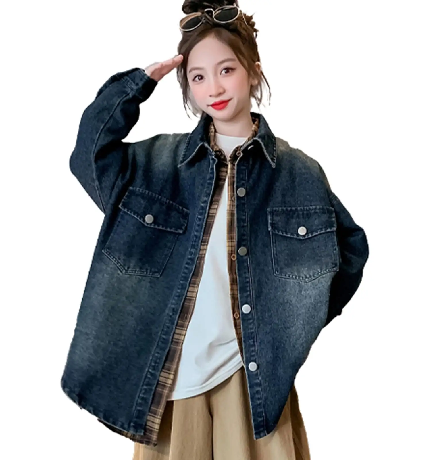 2024 korean girl shirt design denim blouse kids jeans shirt solid blue black top clothing
