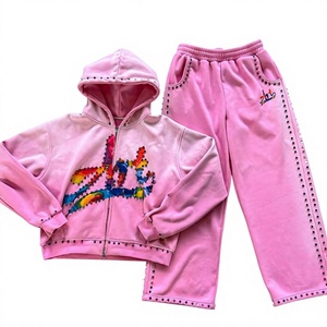 <b>Pink</b> Rhinestone Tracksuit Zip Up <b>Hoodie</b> Set Embroidered Jogger Pants Casual Wear for Unisex - Product Image 3