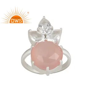Trendy Style Rose Chalcedony Gemstone Ring Indian Solid Sterling Fine Silver Adjustable Band Ring Jewelry Supplier