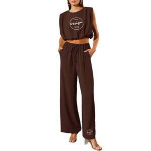 Venta al por mayor personalizado Vintage elegante conjunto 100% Lino Color sólido chaleco sin mangas pantalones de pierna ancha mujeres Chaleco de dos piezas conjunto - Product Image 5