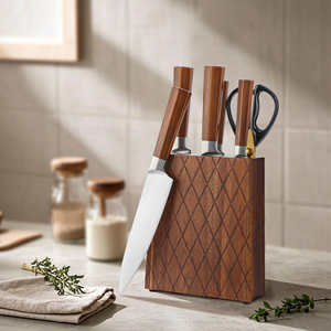 Ensemble <span class=keywords><strong>de</strong></span> 7 couteaux <span class=keywords><strong>de</strong></span> <span class=keywords><strong>cuisine</strong></span> en acier inoxydable avec manches en bois, design ambidextre, comprenant un couteau <span class=keywords><strong>de</strong></span> chef, un couteau à pain, des ciseaux en bois - Product Image 1