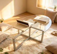 Table basse Bauhaus nordique rétro avec plateau en verre trempé, structure en aluminium, design moderne minimaliste pour salon, salle à manger, petite taille