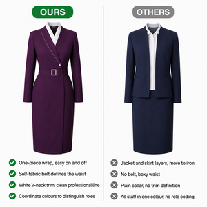 Uniforme da <span class=keywords><strong>Hostess</strong></span> Personalizzata OEM, Abito Avvolgente con Cappello Pillbox, Completo con Cintura per Equipaggio di Volo - Product Image 6
